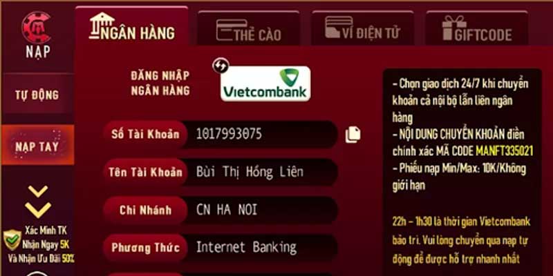 Hướng dẫn nạp tiền tại Man Club