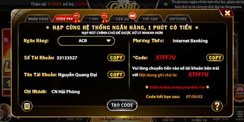 Hướng dẫn nạp tiền Go88