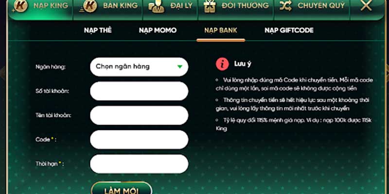 Thủ tục nạp tiền đơn giản tại cổng game King Fun